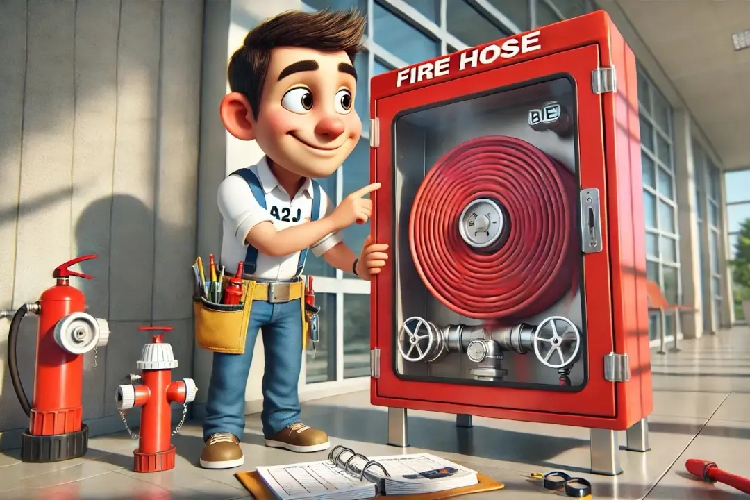 Personaje animado de A2J junto a una instalación de protección contra incendios