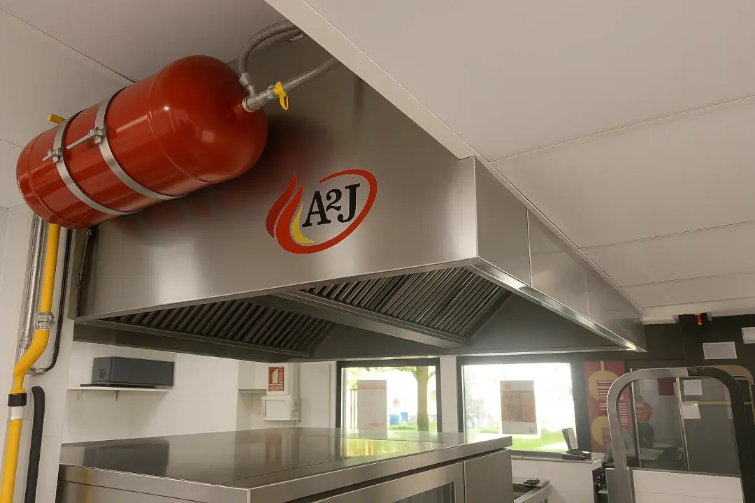 Sistema de extinción automática A2J instalado en campana extractora de cocina industrial
