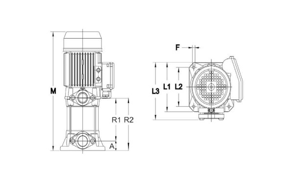 Plano dimensional de una bomba vertical multicelular con las cotas M, A, R1, R2, L1, L2, L3 y F