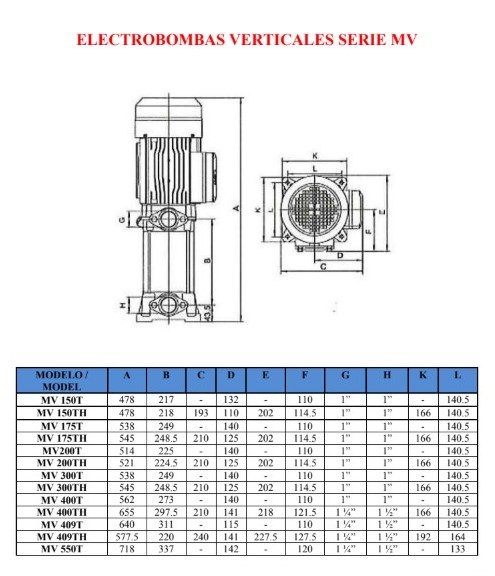Plano dimensional de una bomba vertical multicelular con las cotas A, B, G, H, C, D, E, F, K y L