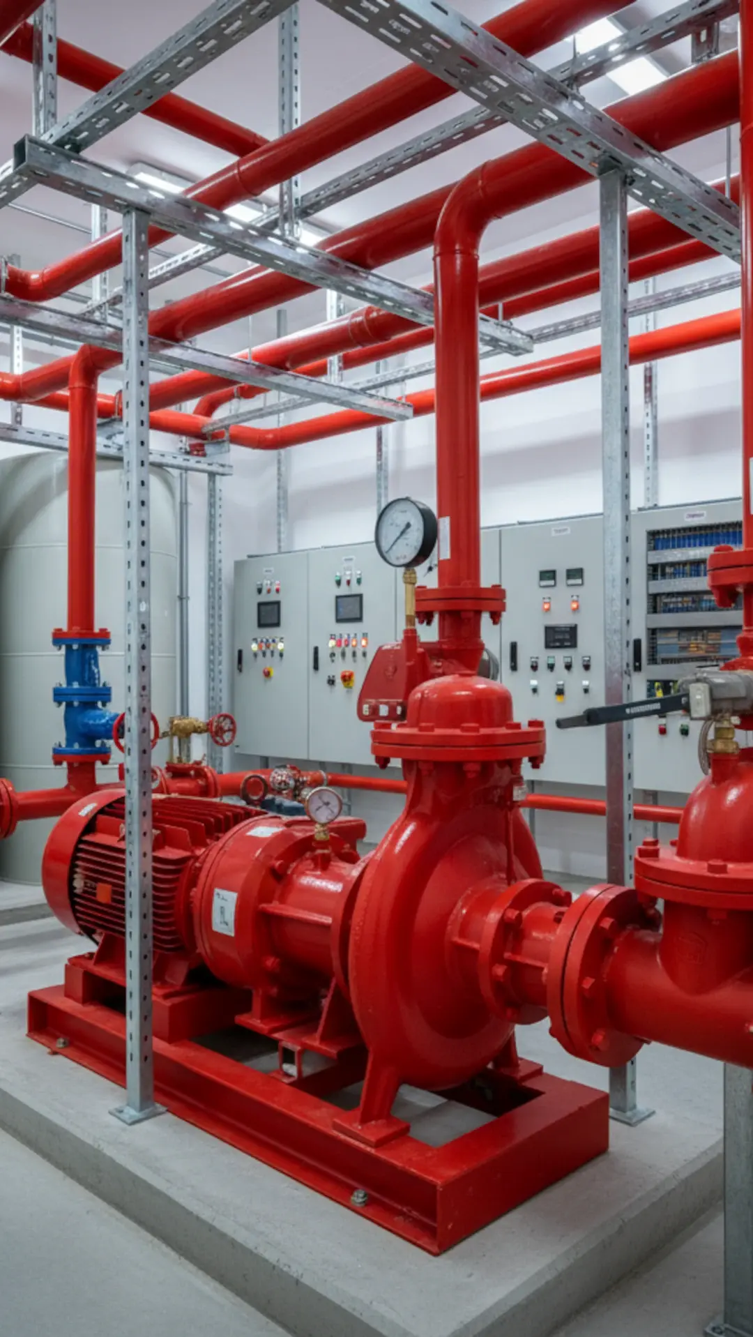 Sala de bombas contra incendios con tuberías rojas, válvulas y sistemas PCI certificados instalados por Extintores A2J en Sevilla