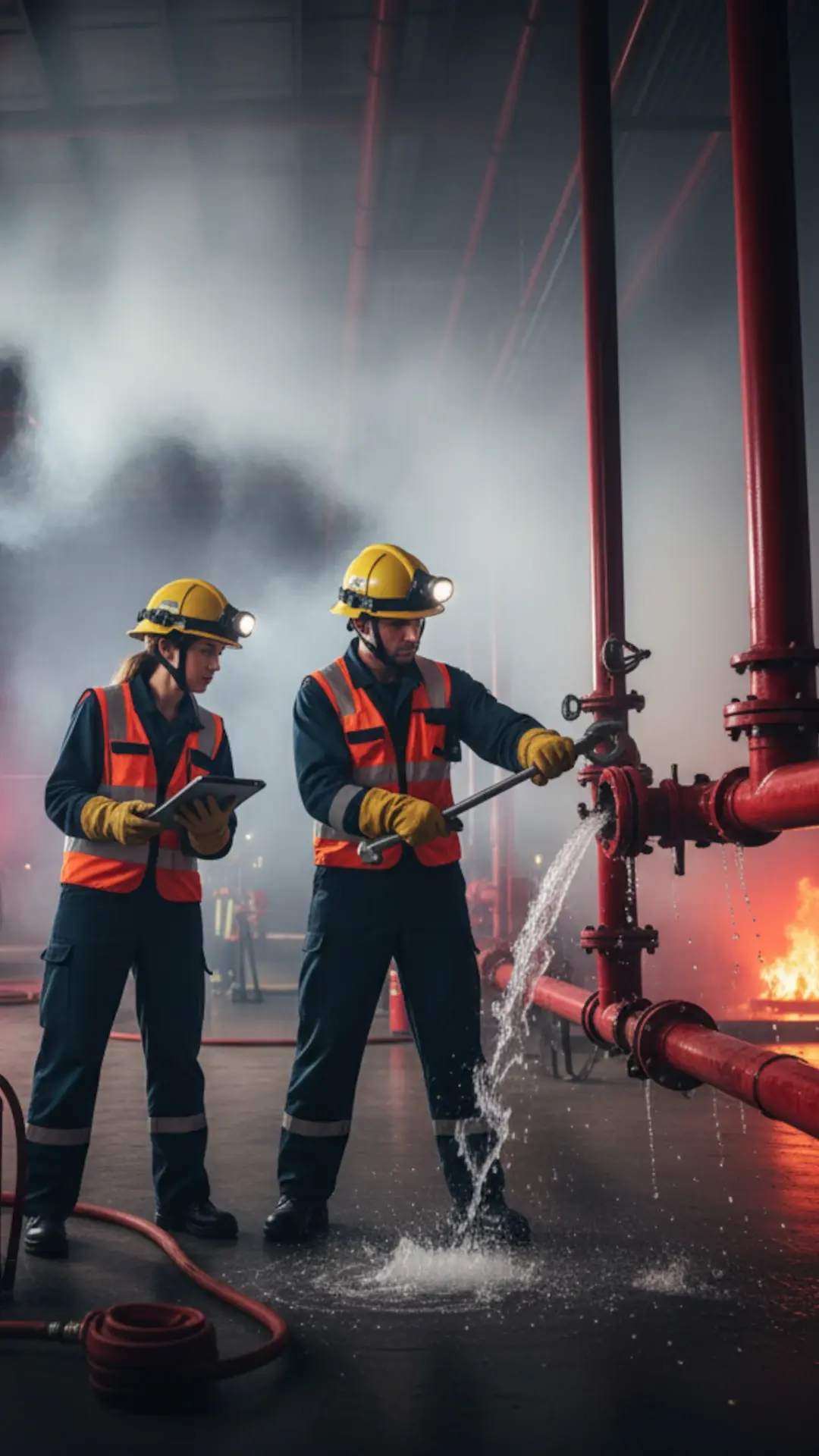 Técnicos de Extintores A2J realizando pruebas de mantenimiento en sistema de protección contra incendios con tuberías PCI y válvulas de agua en funcionamiento