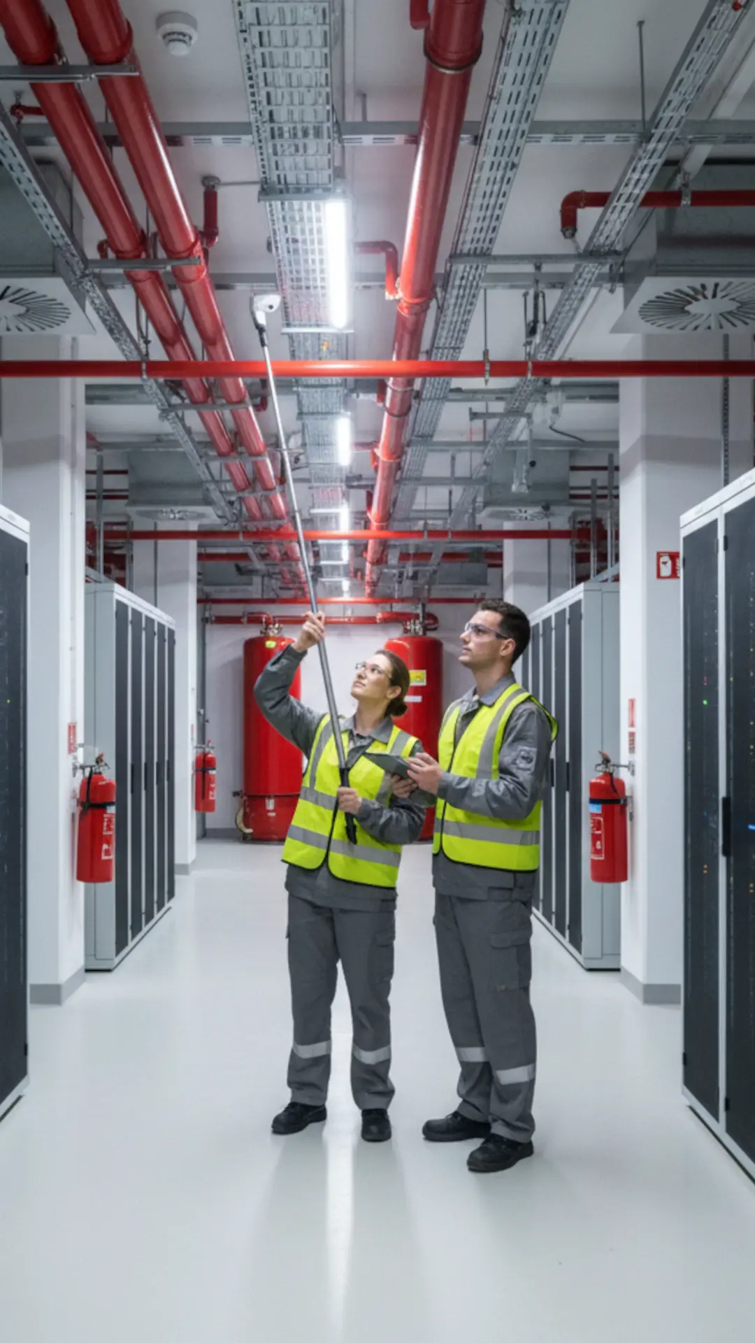 Técnicos de Extintores A2J realizando mantenimiento en unas instalaciones industriales