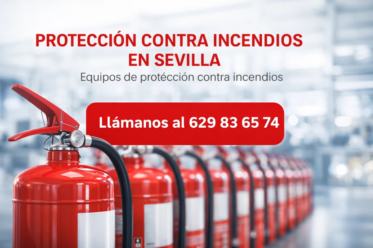 Banner de protección contra incendios en Sevilla A2J con fila de extintores rojos y botón de llamada al 629 83 65 74 sobre fondo industrial desenfocado.