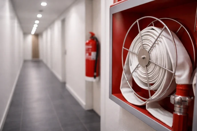 Boca de Incendio Equipada (BIE) con manguera enrollada en armario rojo y extintor al fondo en pasillo interior de edificio moderno.