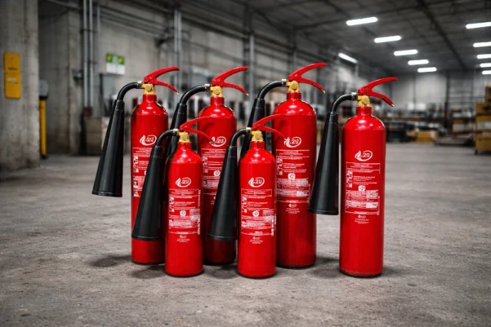 Conjunto de extintores de dióxido de carbono CO₂ A2J alineados en nave industrial con suelo de hormigón y entorno técnico profesional conforme normativa RIPCI