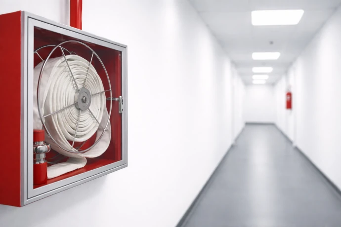 BIE con manguera enrollada y marco de aluminio instalada en pared de pasillo blanco con iluminación LED, sistema contra incendios conforme normativa RIPCI.