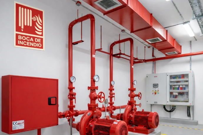 Instalación de protección contra incendios con bombas, tuberías rojas, cuadro eléctrico y Boca de Incendio Equipada (BIE) señalizada conforme RIPCI en sala técnica industrial
