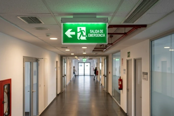 Señal verde de salida de emergencia con flecha hacia la izquierda instalada en el techo de un pasillo interior con equipos de protección contra incendios.