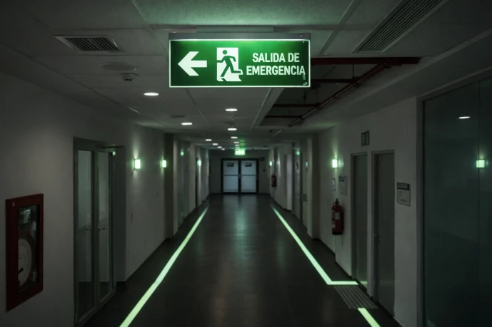 Señal luminosa de salida de emergencia con alumbrado de evacuación en pasillo interior con iluminación de emergencia en paredes y suelo.