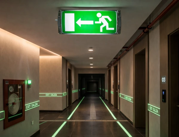 Señal luminosa de salida de emergencia instalada en el techo de un pasillo con líneas fotoluminiscentes de evacuación y sistemas de seguridad contra incendios de Extintores A2J.