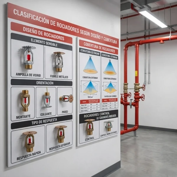 Clasificación de rociadores contra incendios según diseño, cobertura y tipo de respuesta en sistemas de rociadores automáticos