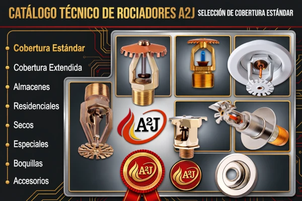Catálogo técnico de rociadores automáticos contra incendios A2J con diferentes tipos de rociadores y sistemas de cobertura estándar