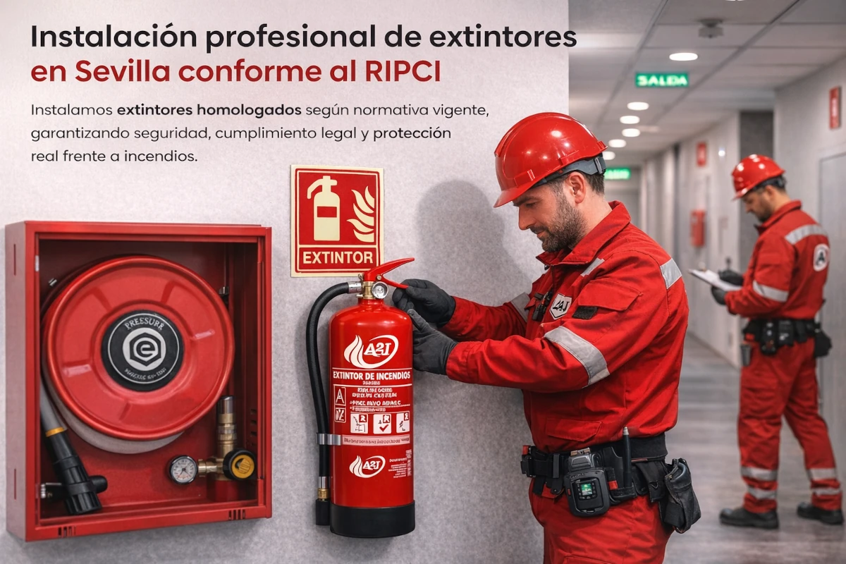 Técnico instalando extintor en Sevilla junto a BIE y señalización conforme normativa RIPC