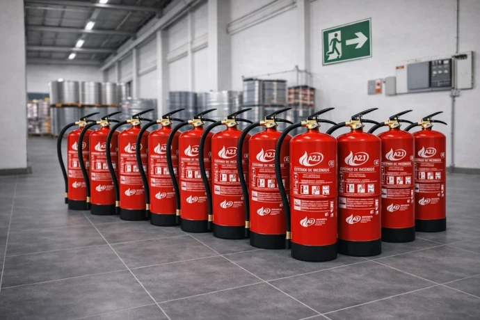 Extintores en hilera en nave industrial listos para instalación y mantenimiento conforme normativa PCI