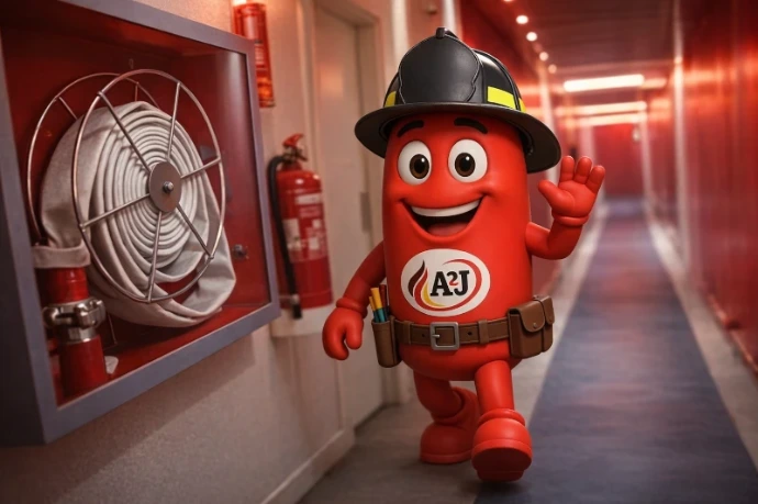 Mascota extintor A2J junto a boca de incendio equipada en instalación de protección contra incendios en Guadalajara