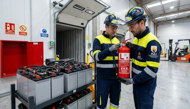 Dos técnicos de A2J Mantenimientos Integrales con uniformes de alta visibilidad inspeccionan un extintor Clase L específico para incendios de baterías de litio (AVD) en la zona de carga de una gran nave logística en Sevilla. Al fondo, una carretilla elevadora eléctrica y señalización de seguridad.