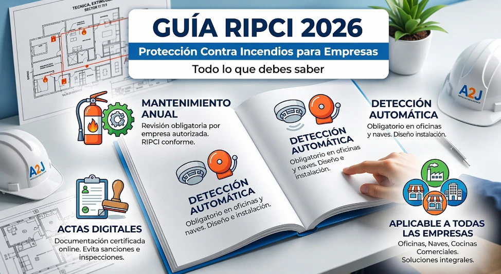 Infografía de A2J sobre la Guía RIPCI 2026 de Protección Contra Incendios para empresas. Incluye detalles sobre mantenimiento anual obligatorio, actas digitales, detección automática en oficinas y naves, y cumplimiento de normativa PCI en Sevilla y Guadalajara.