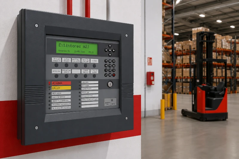 Central electrónica de detección de incendios instalada en una nave industrial con estanterías logísticas y carretilla elevadora al fondo.
