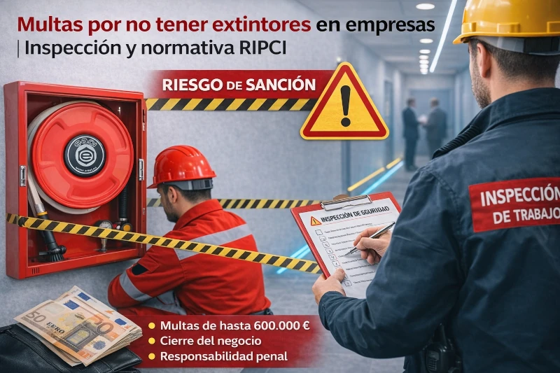 Inspección de seguridad contra incendios en empresa mostrando posibles multas y sanciones por no disponer de extintores conforme al RIPCI.