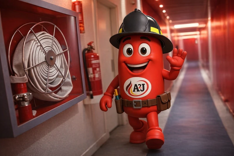 Mascota animada de extintor con logotipo de A2J saludando junto a una BIE instalada en un pasillo moderno de protección contra incendios.