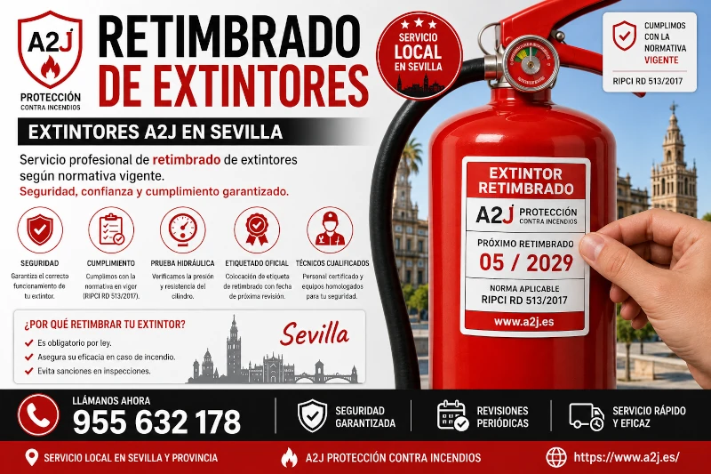 Servicio de retimbrado de extintores en Sevilla realizado por A2J Protección Contra Incendios con revisión homologada, prueba hidráulica y cumplimiento de normativa RIPCI RD 513/2017.