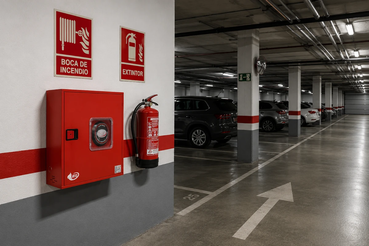 Seguridad en Garajes Comunitarios en Sevilla: Protección Contra Incendios con BIE y Extintores Sistema de protección contra incendios en garaje comunitario de Sevilla con BIE, extintor y señalización homologada PCI