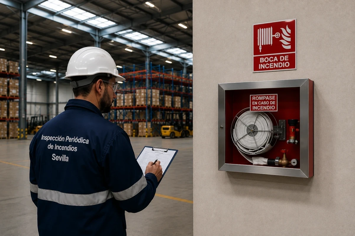 Inspección Incendios de una Nave Industrial en Sevilla | Nuevo Real Decreto 164/2025 Técnico realizando inspección periódica de incendios en nave industrial de Sevilla con BIE conforme al Real Decreto 164/2025