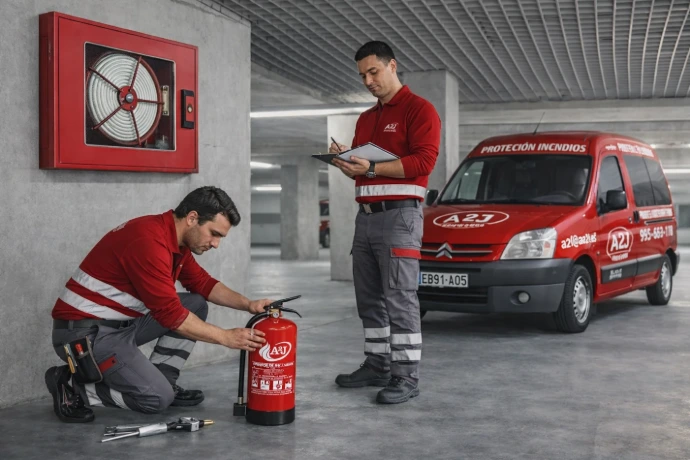 Técnicos de Extintores A2J realizando labores de mantenimiento e inspección de extintores y bocas de incendio equipadas (BIE) en Sevilla