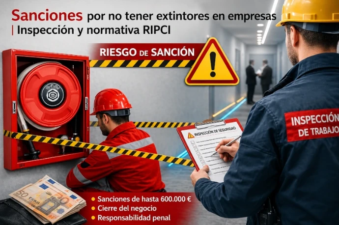 Sanciones por no tener extintores en empresas según normativa RIPCI Inspección de seguridad contra incendios en empresa mostrando posibles sanciones por no disponer de extintores conforme al RIPCI.