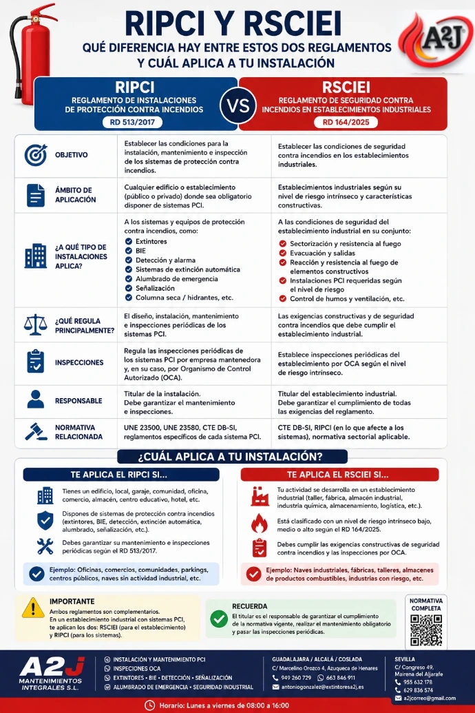 Infografía comparativa entre el RIPCI (Real Decreto 513/2017) y el RSCIEI (Real Decreto 164/2025), mostrando las diferencias entre ambos reglamentos, su ámbito de aplicación, inspecciones obligatorias, mantenimiento PCI y qué normativa aplica según el tipo de edificio o establecimiento industrial.