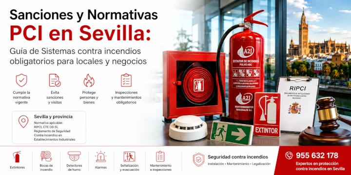Infografía sobre sanciones y normativa PCI en Sevilla con los sistemas de protección contra incendios obligatorios para locales y negocios, incluyendo extintores, BIE, detectores de humo, alarmas, señalización, mantenimiento e inspecciones conforme al RIPCI, CTE DB-SI y RSCIEI.